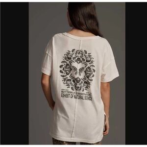 Anthropologie Off-White Tee with Black Floral Butterfly Print
